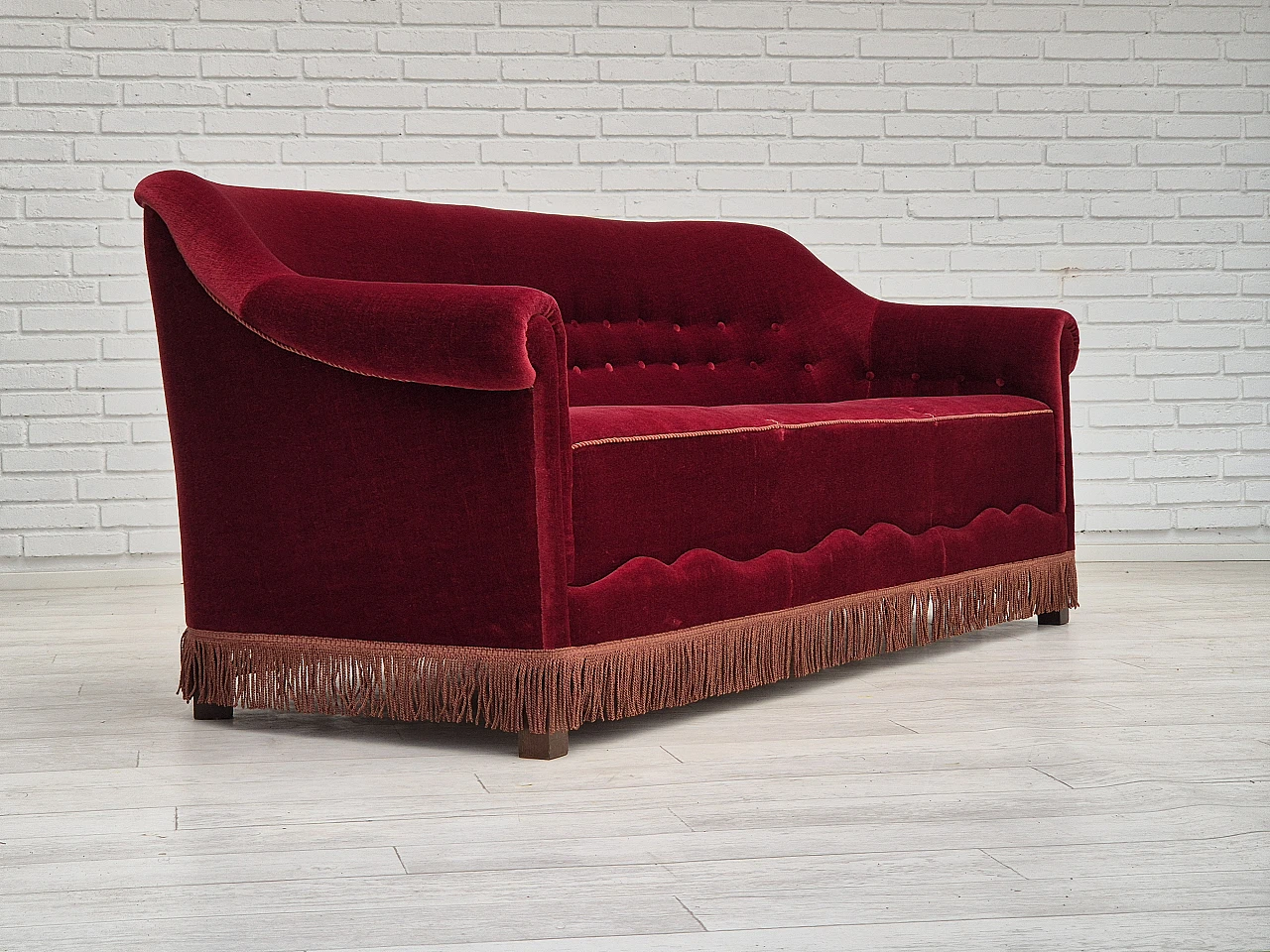 Danish three-seater cherry red velvet sofa, 1960s 3