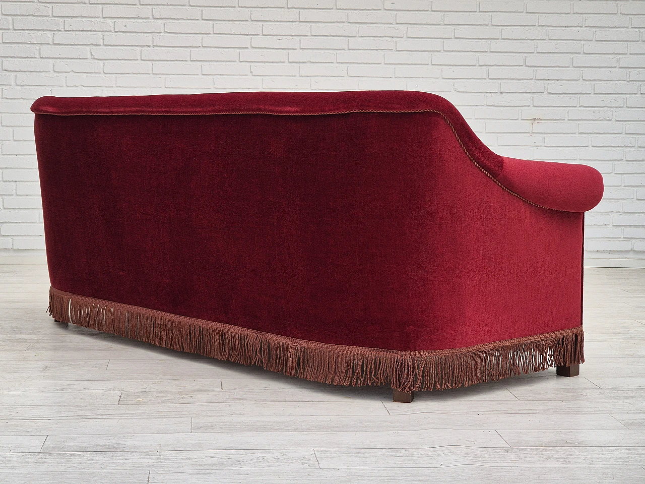 Danish three-seater cherry red velvet sofa, 1960s 6