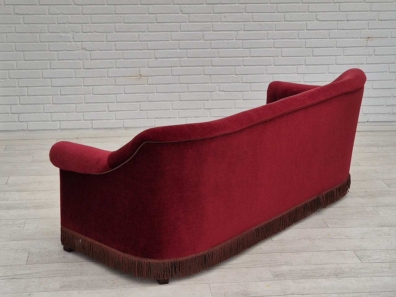 Danish three-seater cherry red velvet sofa, 1960s 8