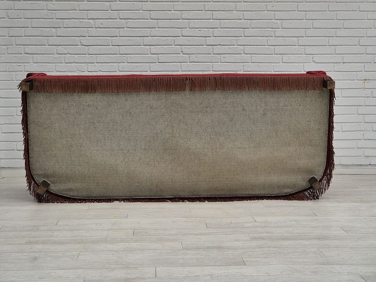 Danish three-seater cherry red velvet sofa, 1960s 9