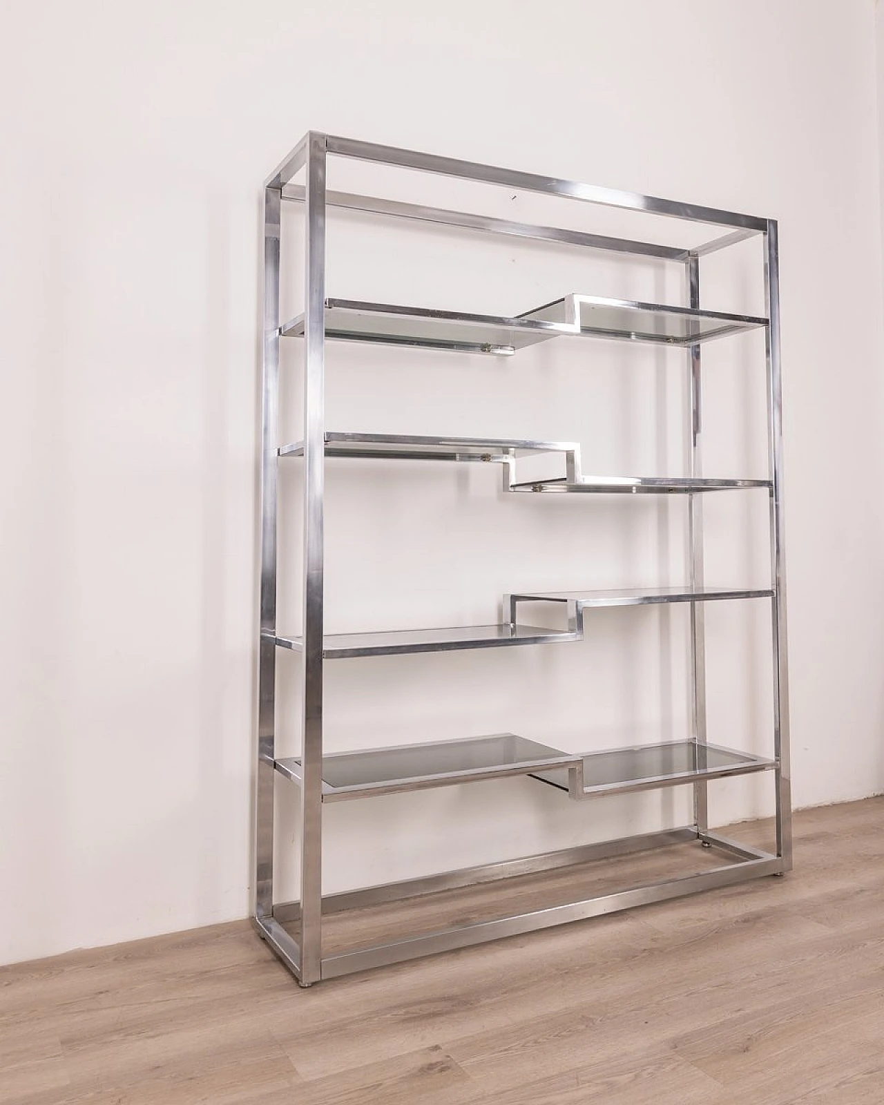 Chrome-plated metal bookcase with blue glass shelves, 1970s 2