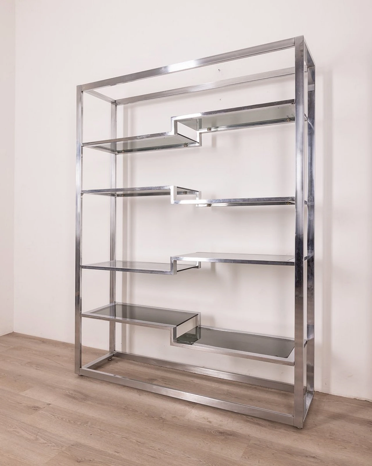 Chrome-plated metal bookcase with blue glass shelves, 1970s 3