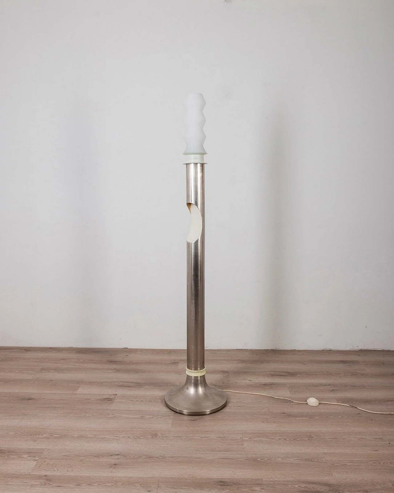 Chromed metal and white glass 2-light floor lamp, 1970s 1
