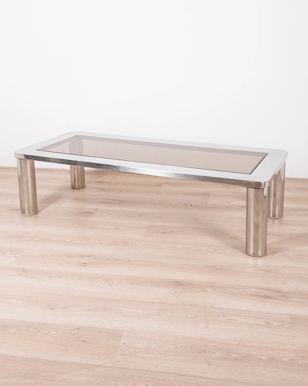 Rectangular coffee table in chromed metal & smoked glass, 1960s 1