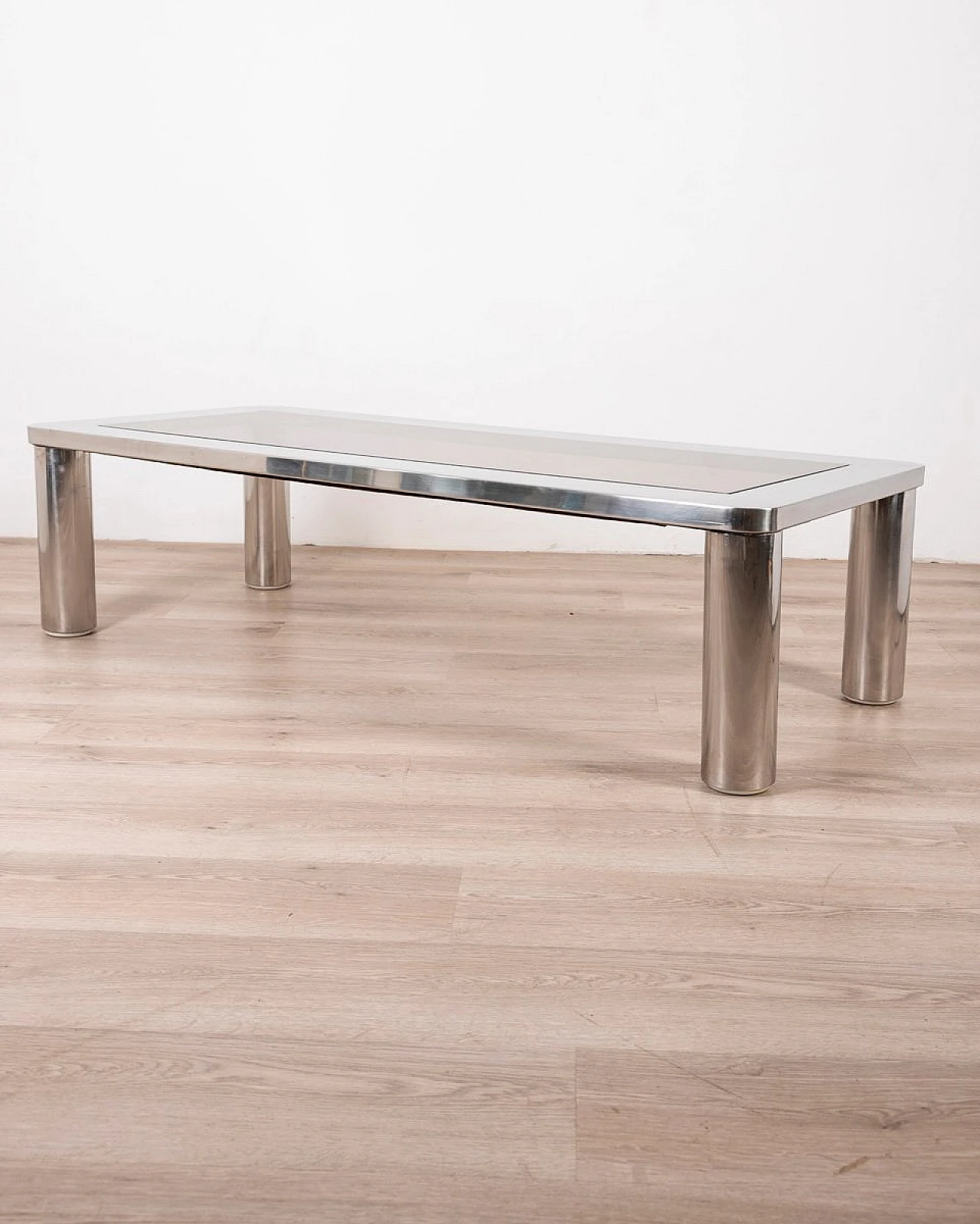 Rectangular coffee table in chromed metal & smoked glass, 1960s 2