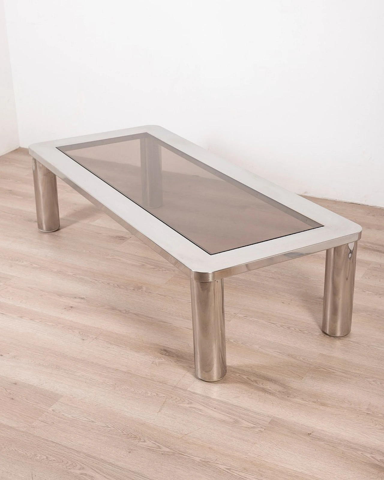 Rectangular coffee table in chromed metal & smoked glass, 1960s 3