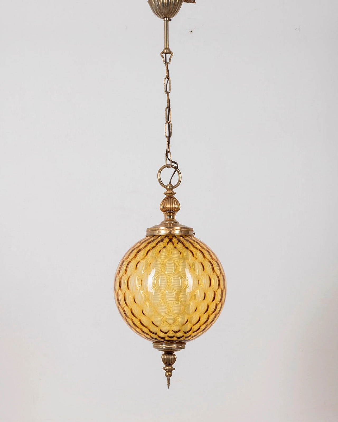 Ceiling lamp in golden brass with amber glass sphere, 1960s 1