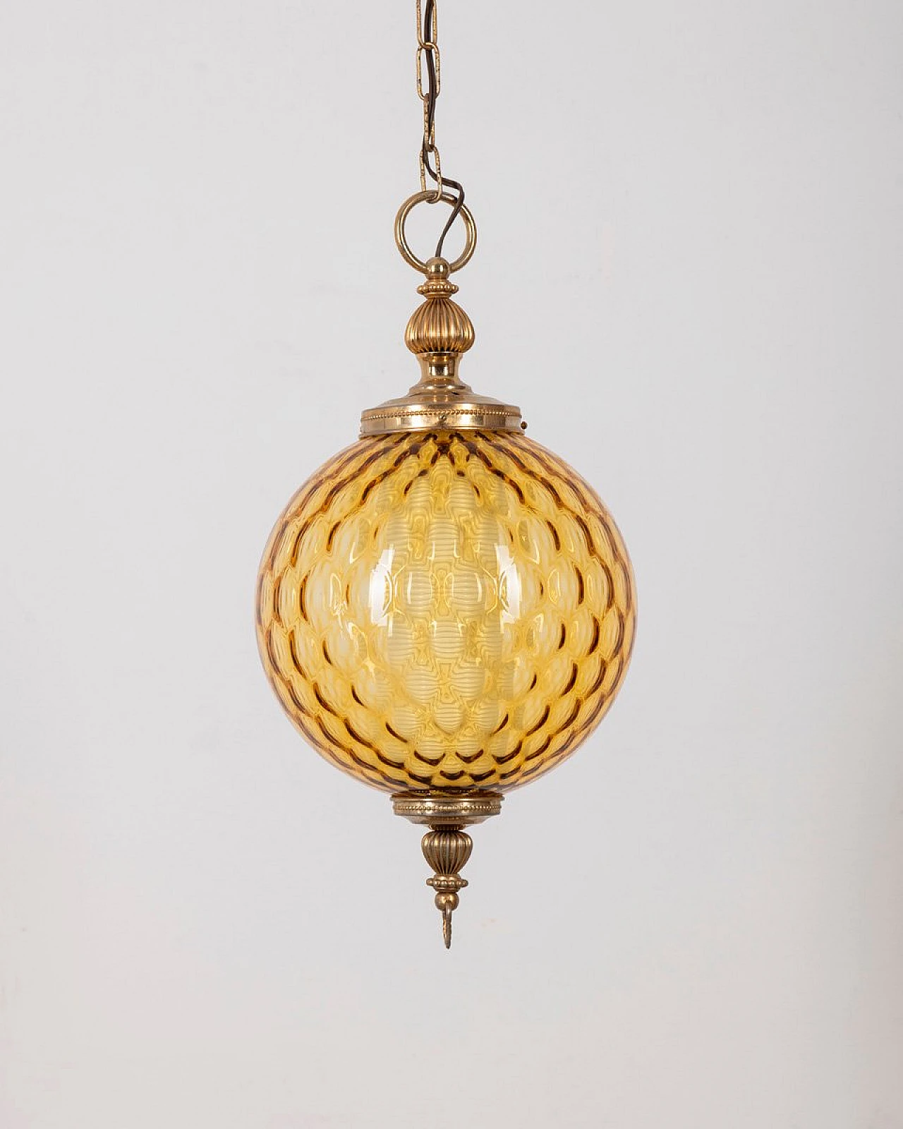 Ceiling lamp in golden brass with amber glass sphere, 1960s 2