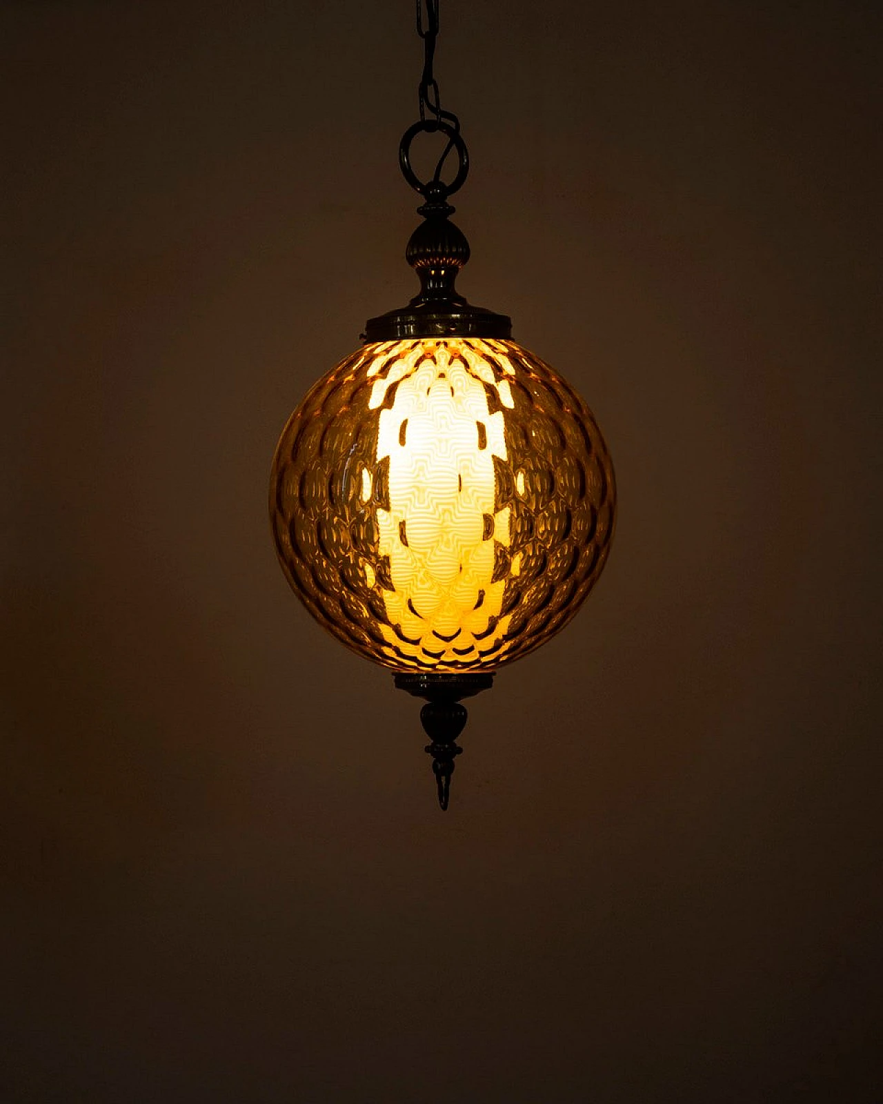 Ceiling lamp in golden brass with amber glass sphere, 1960s 3