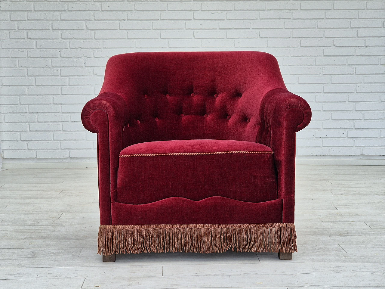 Danish cherry red velvet and beech armchair, 1960s 1