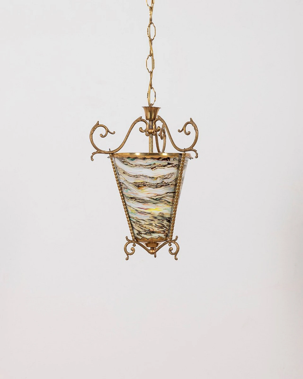 Lampadario a lanterna in ottone dorato e vetro multicolore, anni '50 1