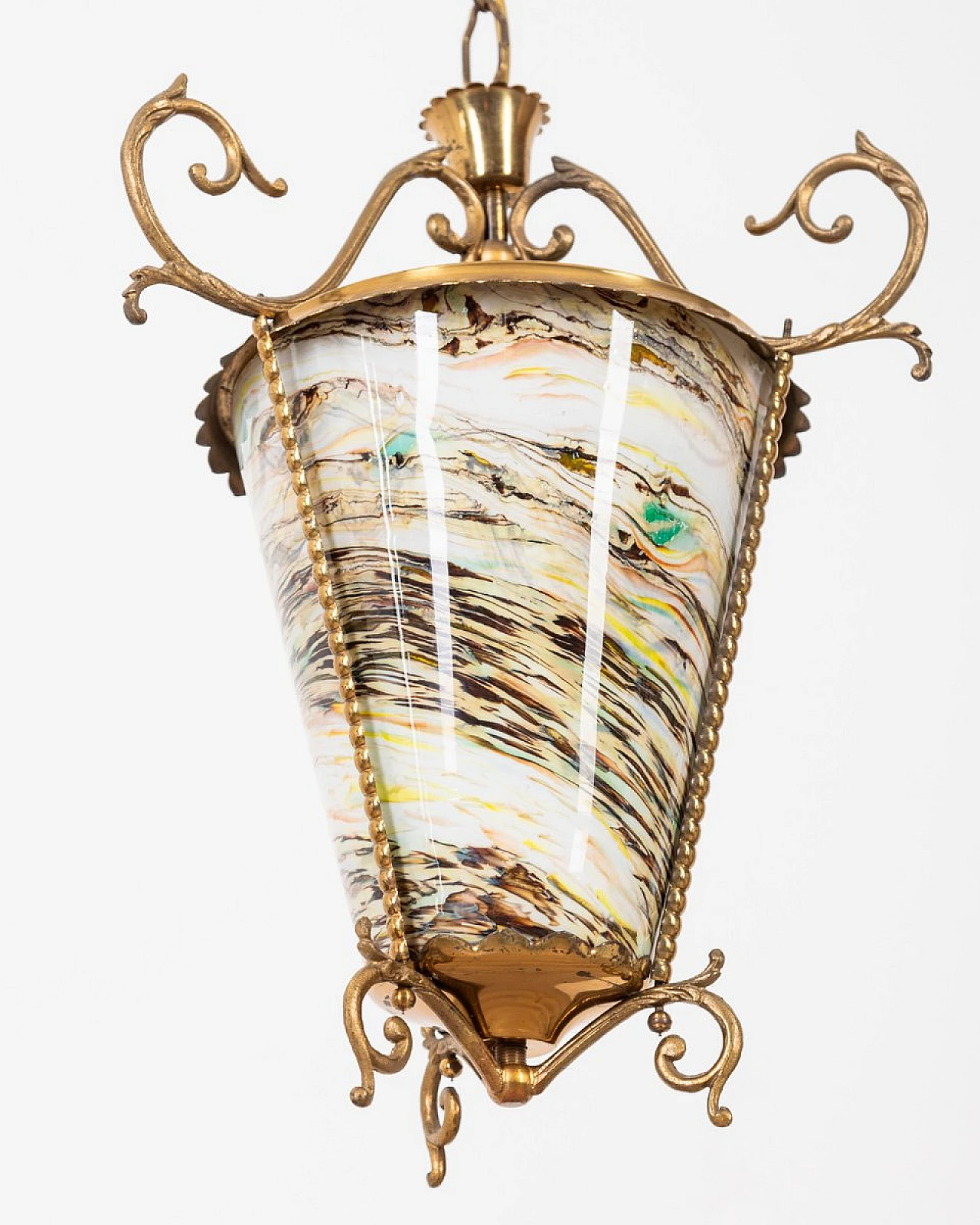Lampadario a lanterna in ottone dorato e vetro multicolore, anni '50 5