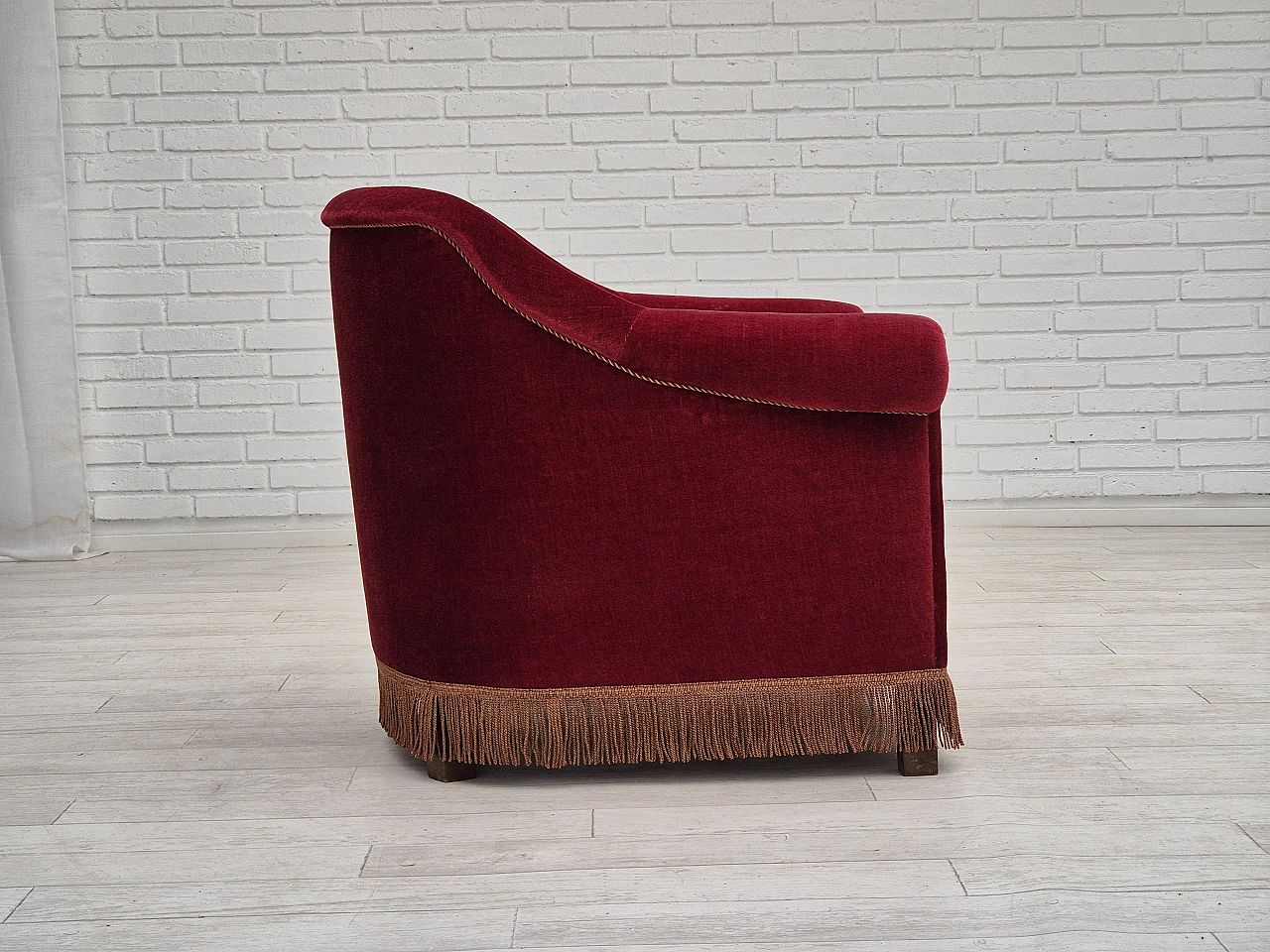 Danish cherry red velvet and beech armchair, 1960s 2