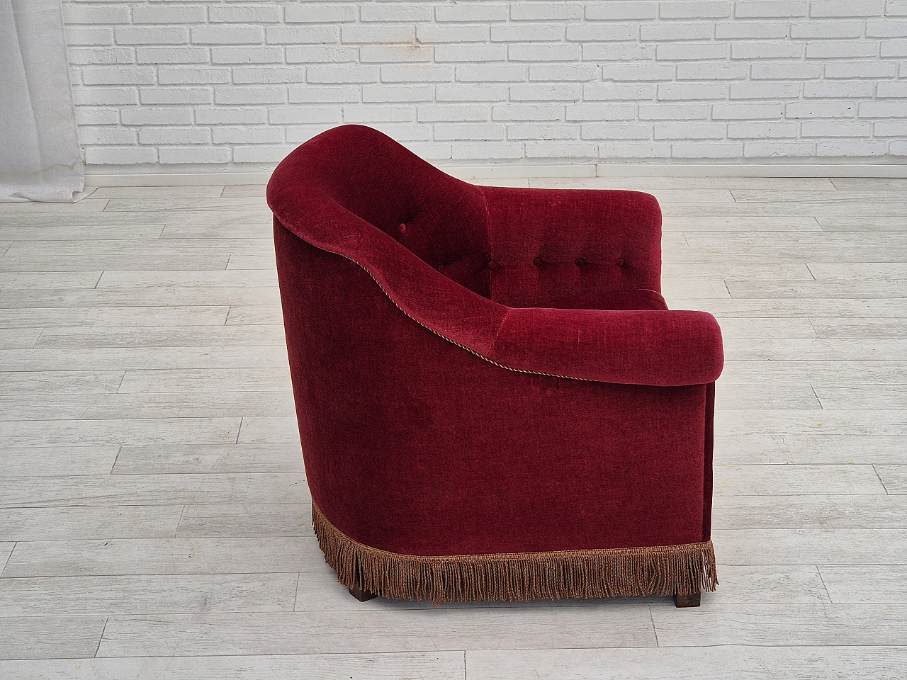 Danish cherry red velvet and beech armchair, 1960s 3