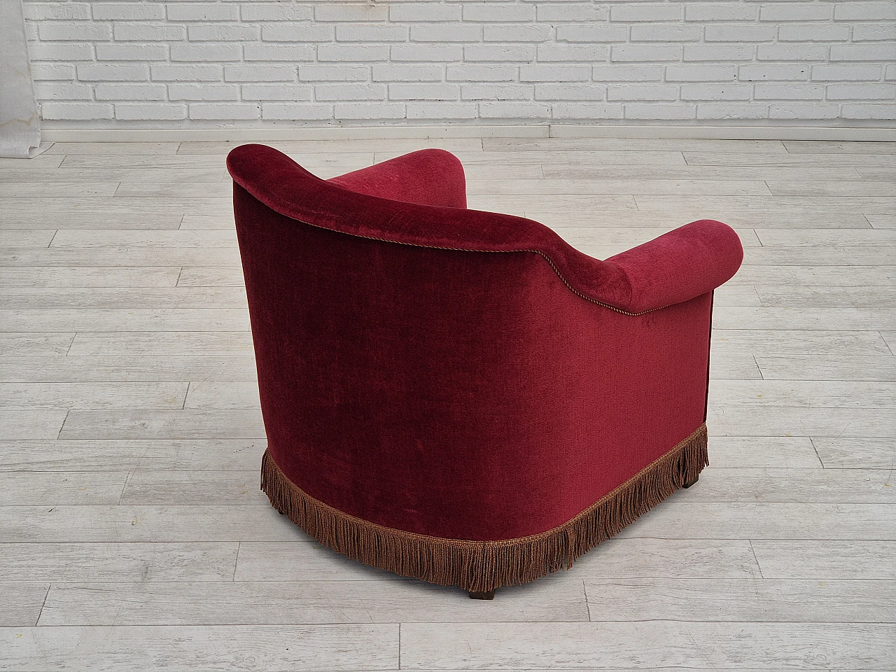 Danish cherry red velvet and beech armchair, 1960s 4
