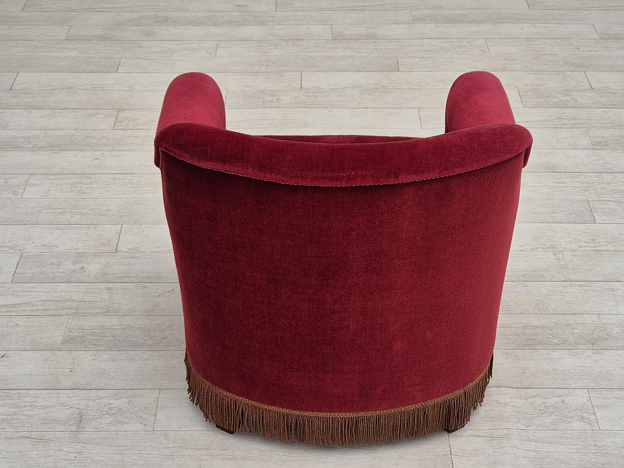 Danish cherry red velvet and beech armchair, 1960s 5