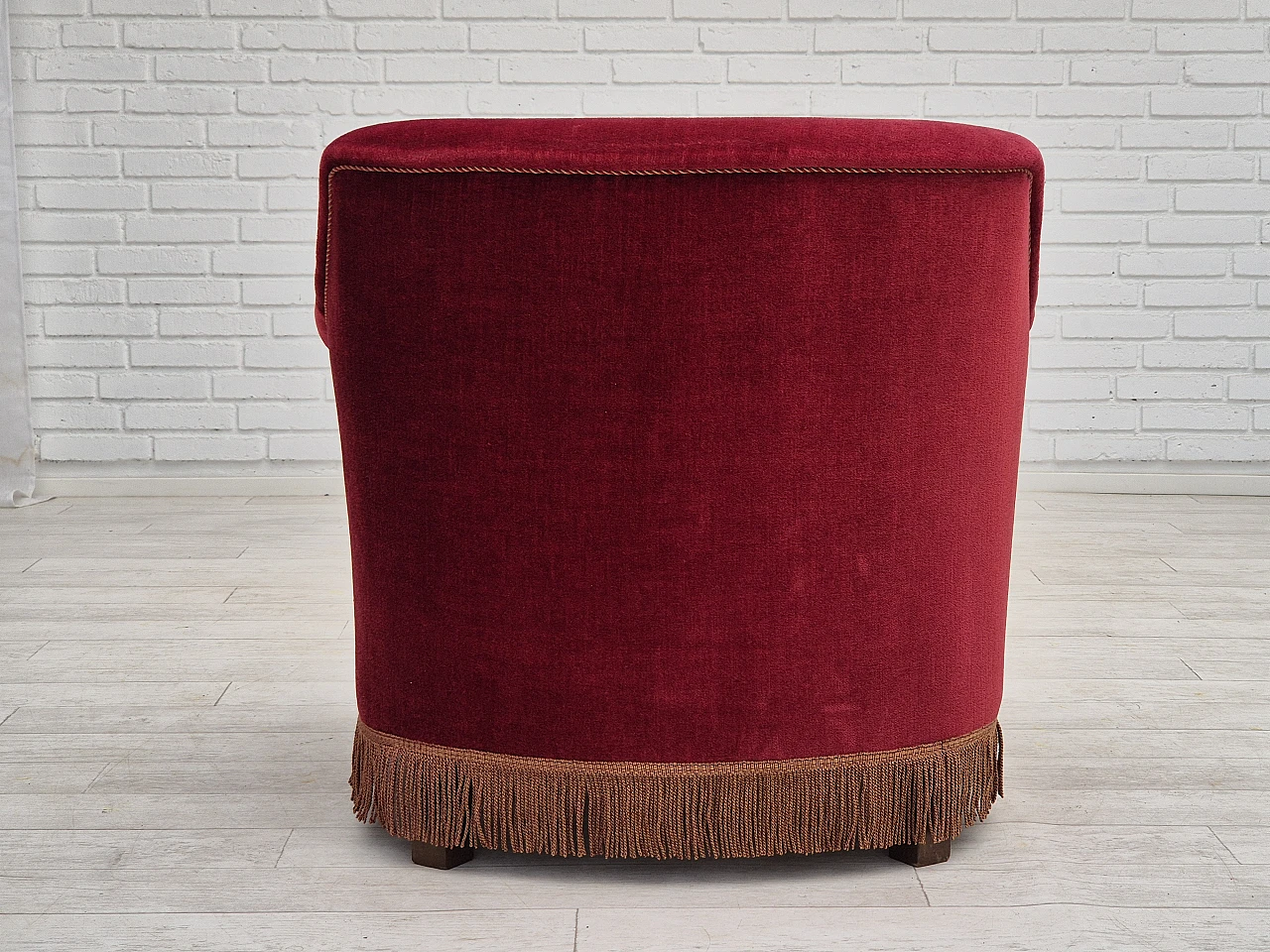 Danish cherry red velvet and beech armchair, 1960s 6