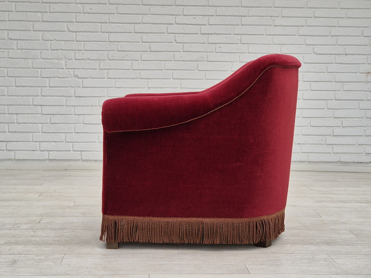 Danish cherry red velvet and beech armchair, 1960s 7