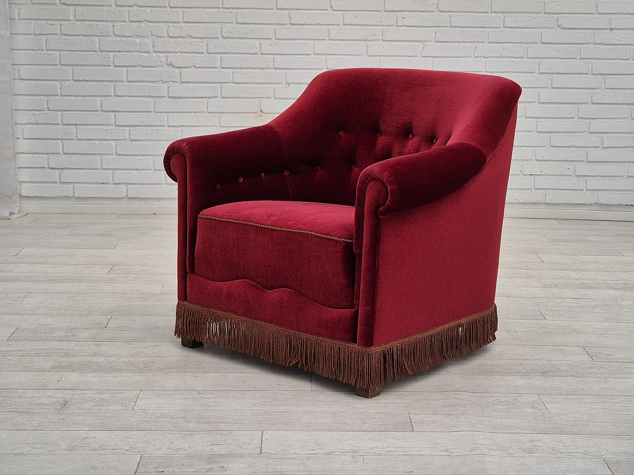 Danish cherry red velvet and beech armchair, 1960s 8