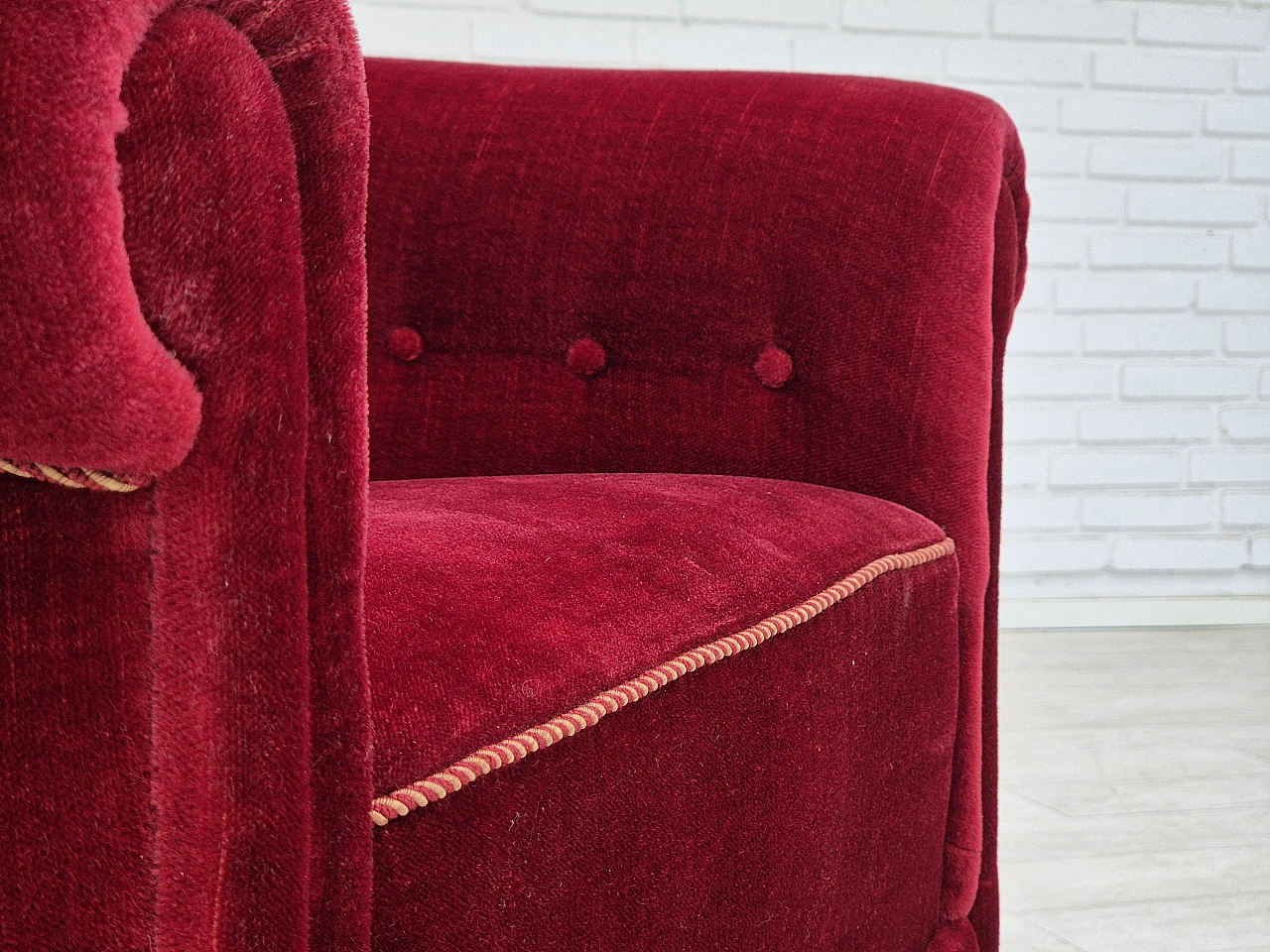 Danish cherry red velvet and beech armchair, 1960s 9