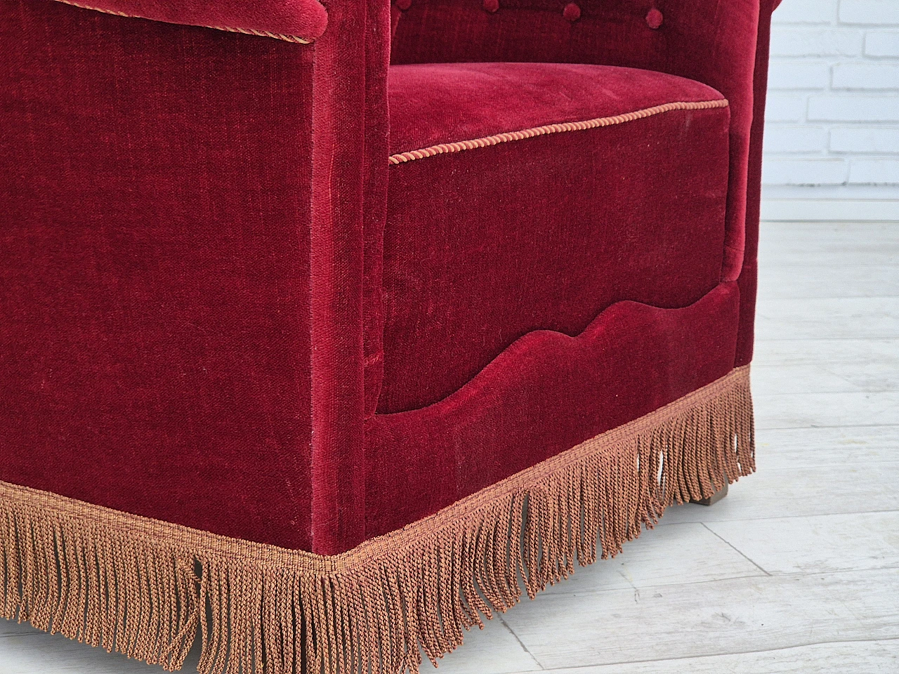 Danish cherry red velvet and beech armchair, 1960s 12