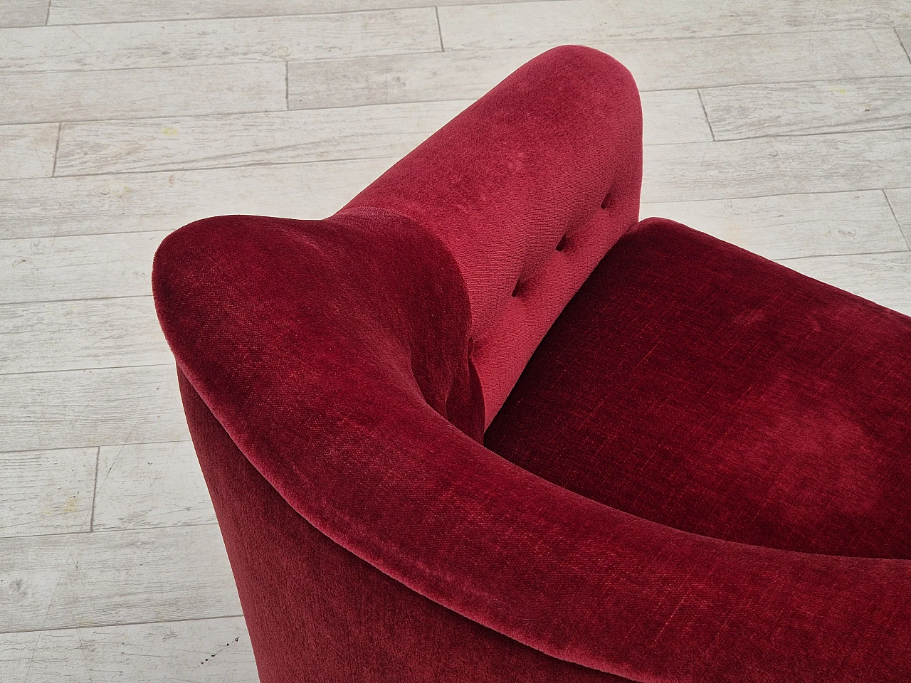 Danish cherry red velvet and beech armchair, 1960s 15