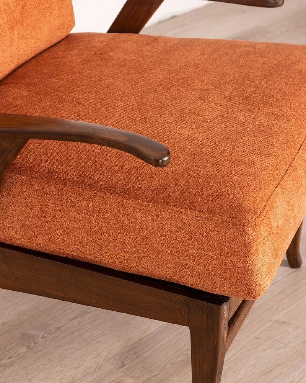 Sedia reclinabile in legno e tessuto arancione, anni '40 7