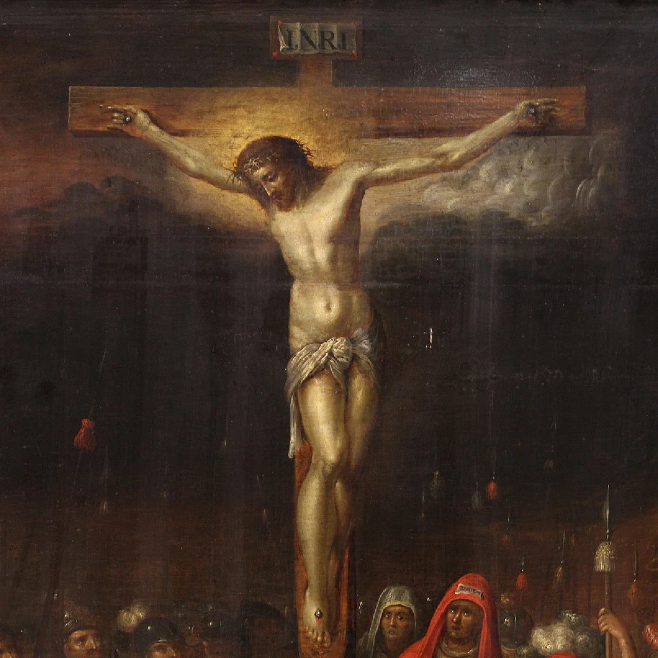 Crucifixion, Flemish oil painting on panel, first half of 17th century 5
