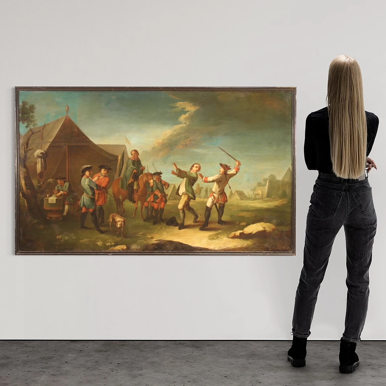 Oil on canvas depicting encampment with soldiers and horses, 19th century 15