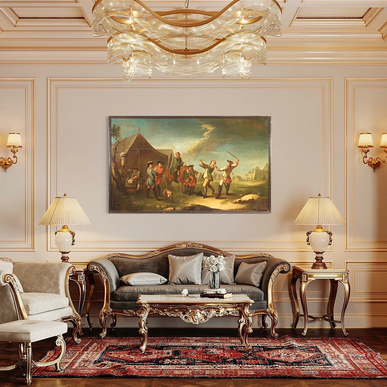 Oil on canvas depicting encampment with soldiers and horses, 19th century 16