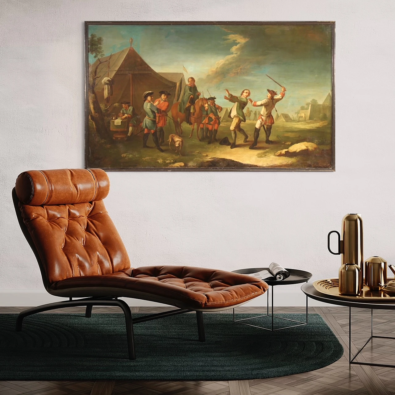 Oil on canvas depicting encampment with soldiers and horses, 19th century 17