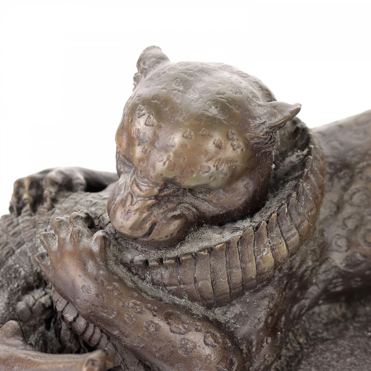 Bronze tiger and crocodile sculpture on marble base 4