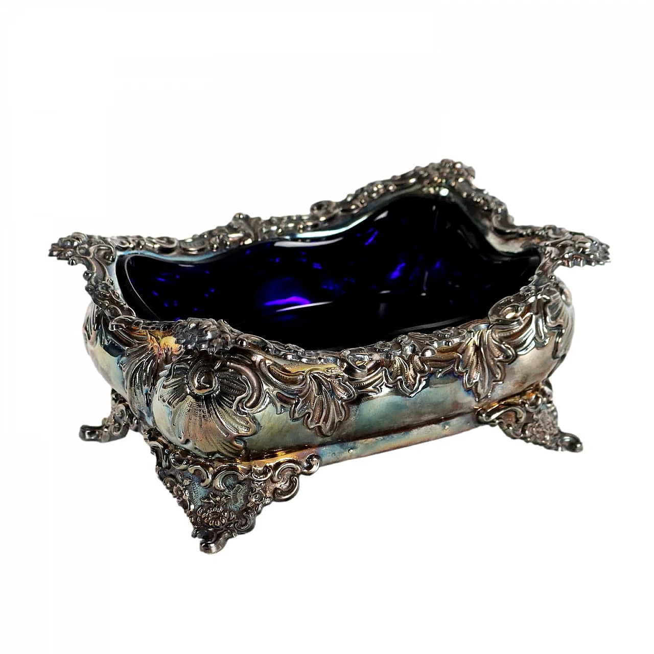 Centrotavola in argento 800 e vetro blu di De Giovanni 1