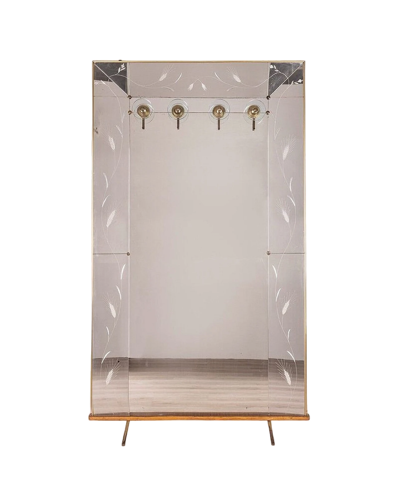 Specchio con appendiabiti in ottone e legno di Cristal Art, anni '50 11