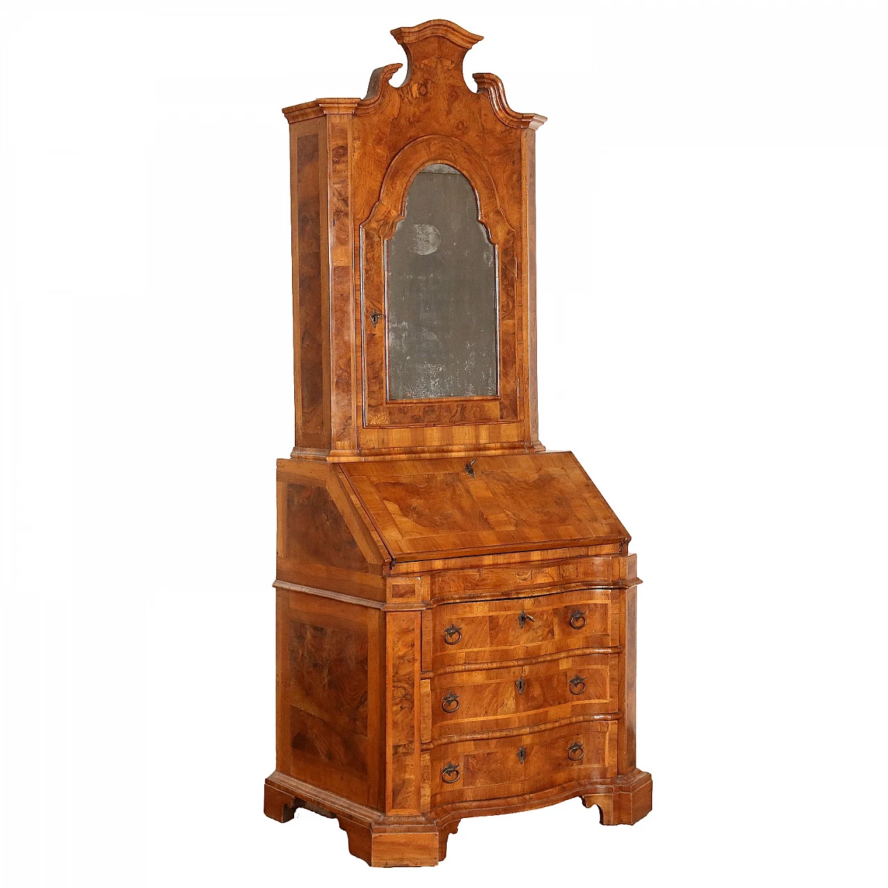 Trumeau Luigi XV impiallacciato in noce e radica con specchio, metà '700 1