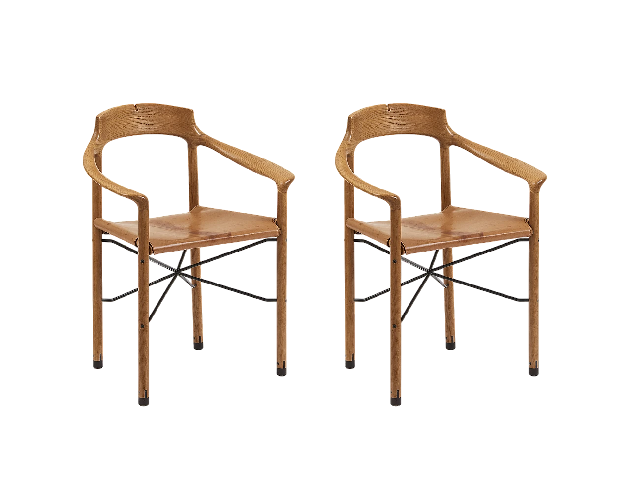 Coppia di poltroncine in rovere e cuoio, anni '90 5