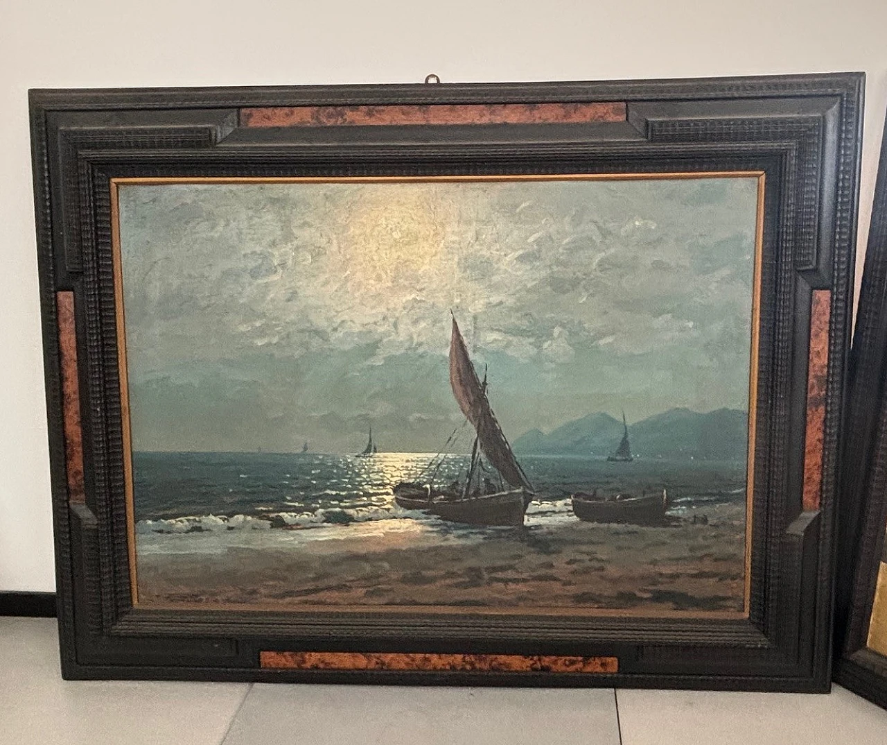 Dipinto con cornice in legno con inserti in radica, anni '20 1