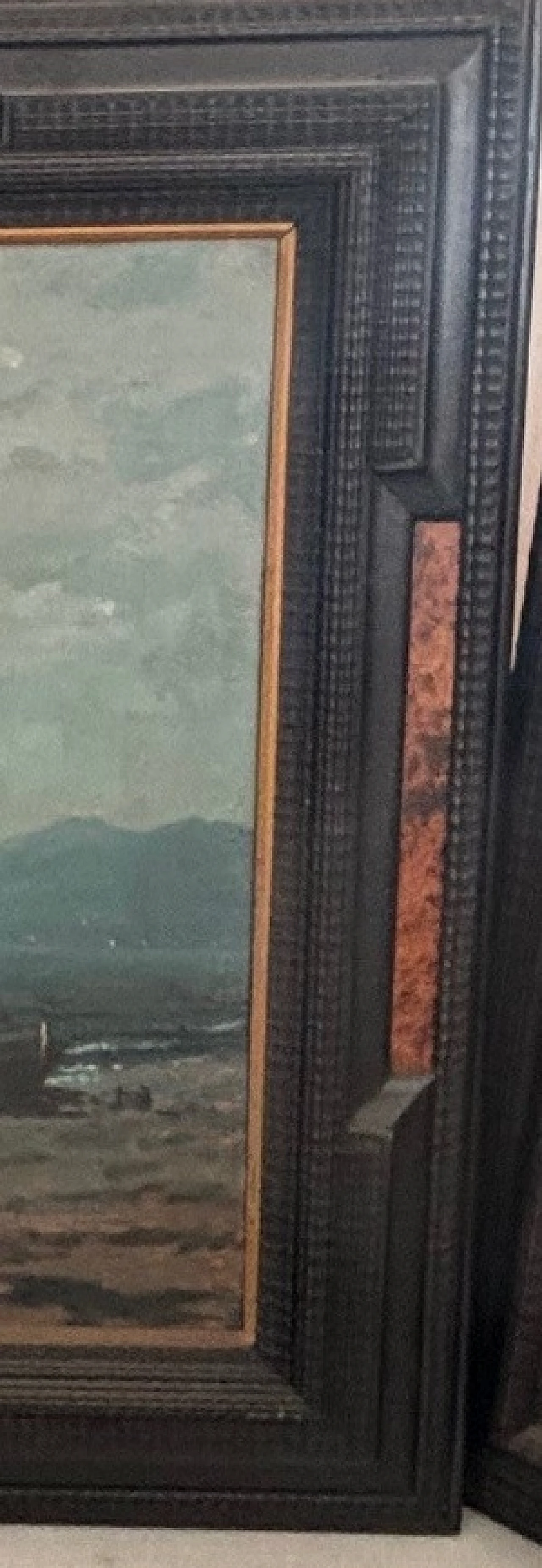 Dipinto con cornice in legno con inserti in radica, anni '20 2