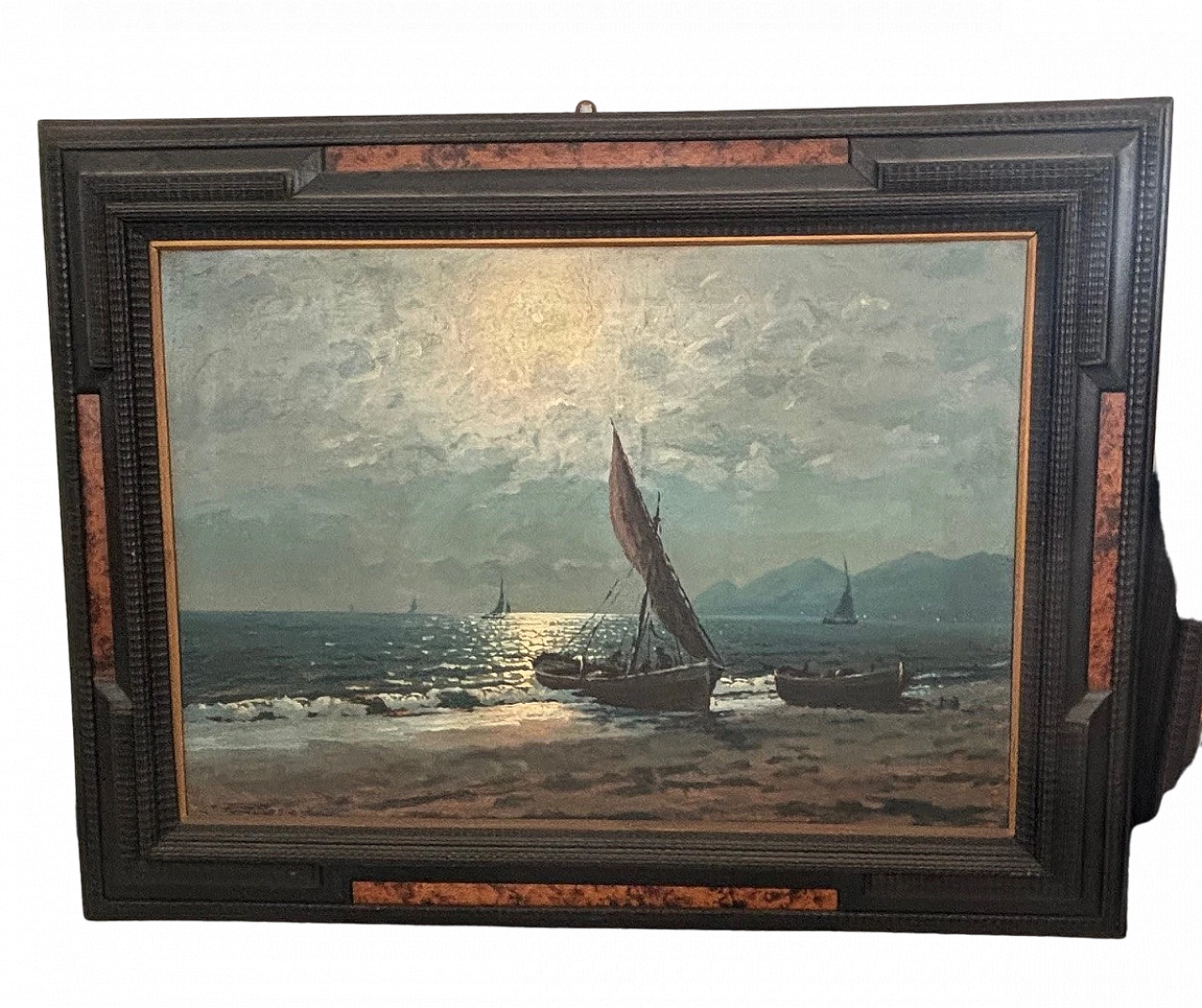 Dipinto con cornice in legno con inserti in radica, anni '20 4