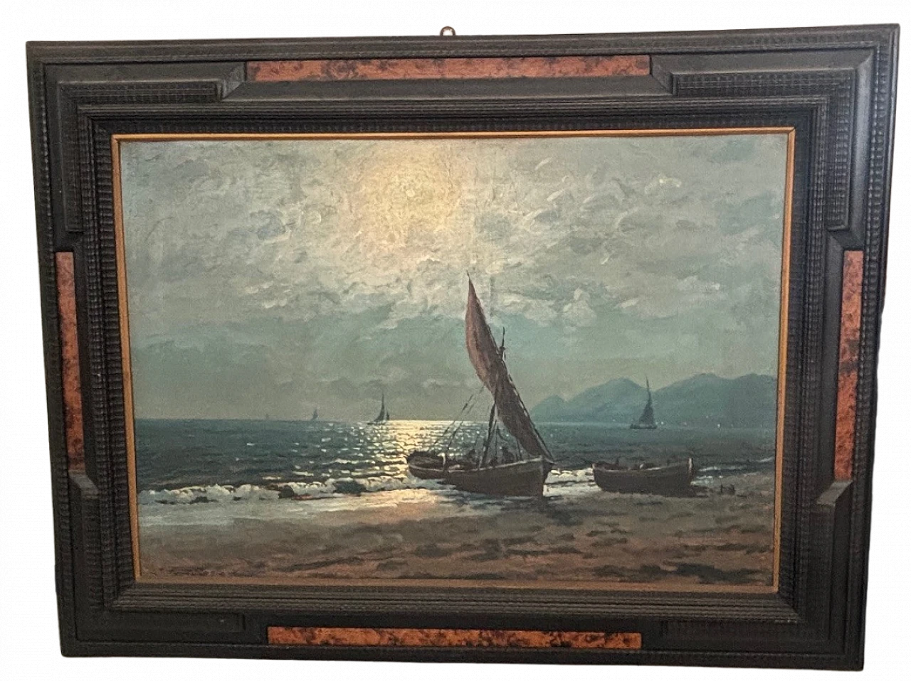 Dipinto con cornice in legno con inserti in radica, anni '20 5