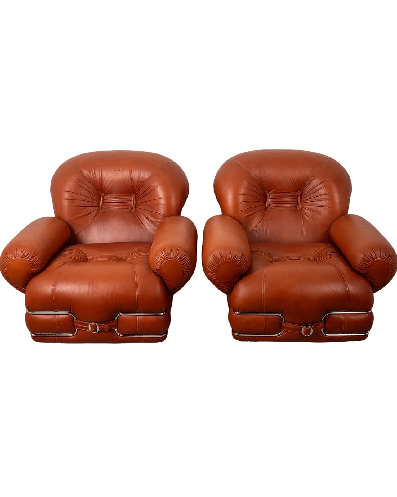 Coppia di Poltrone in pelle marrone, acciaio e legno, anni '70 14