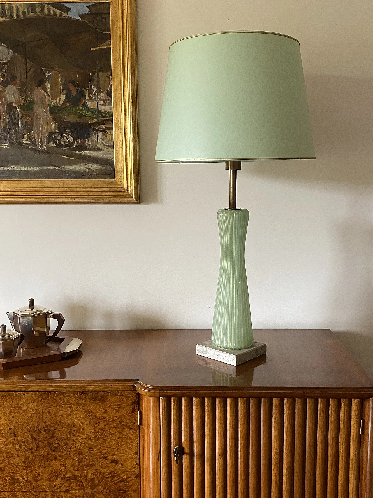 Green glass, marble and brass lamp by Barovier & Toso, 1940s 3