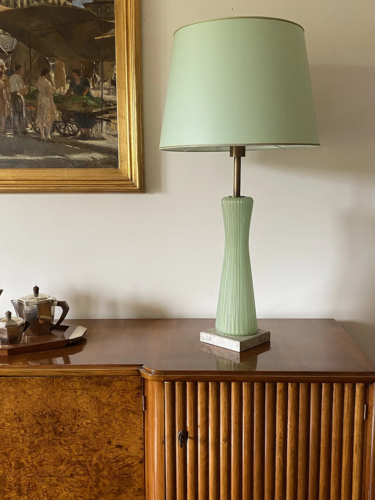 Green glass, marble and brass lamp by Barovier & Toso, 1940s 4