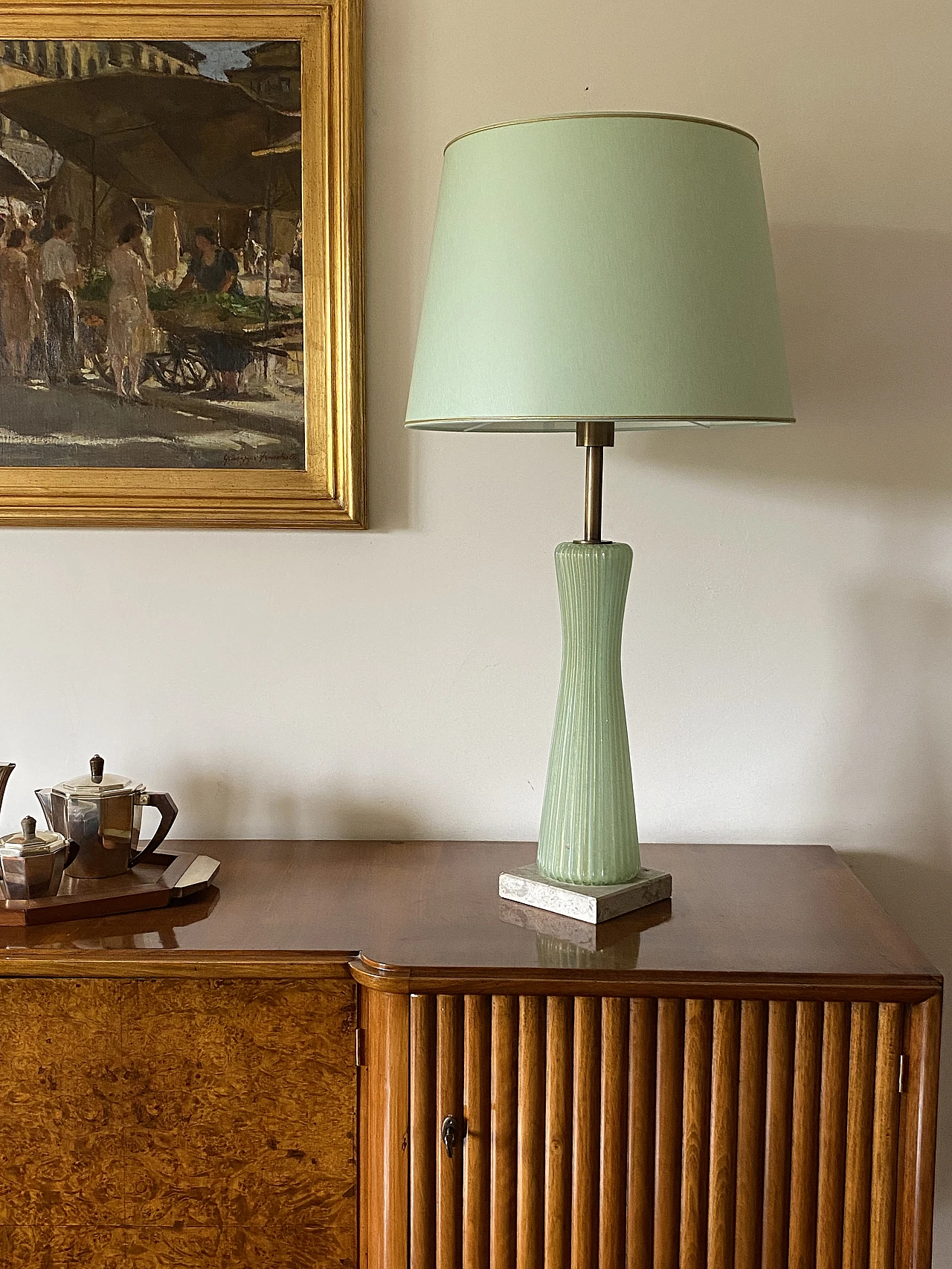 Green glass, marble and brass lamp by Barovier & Toso, 1940s 5
