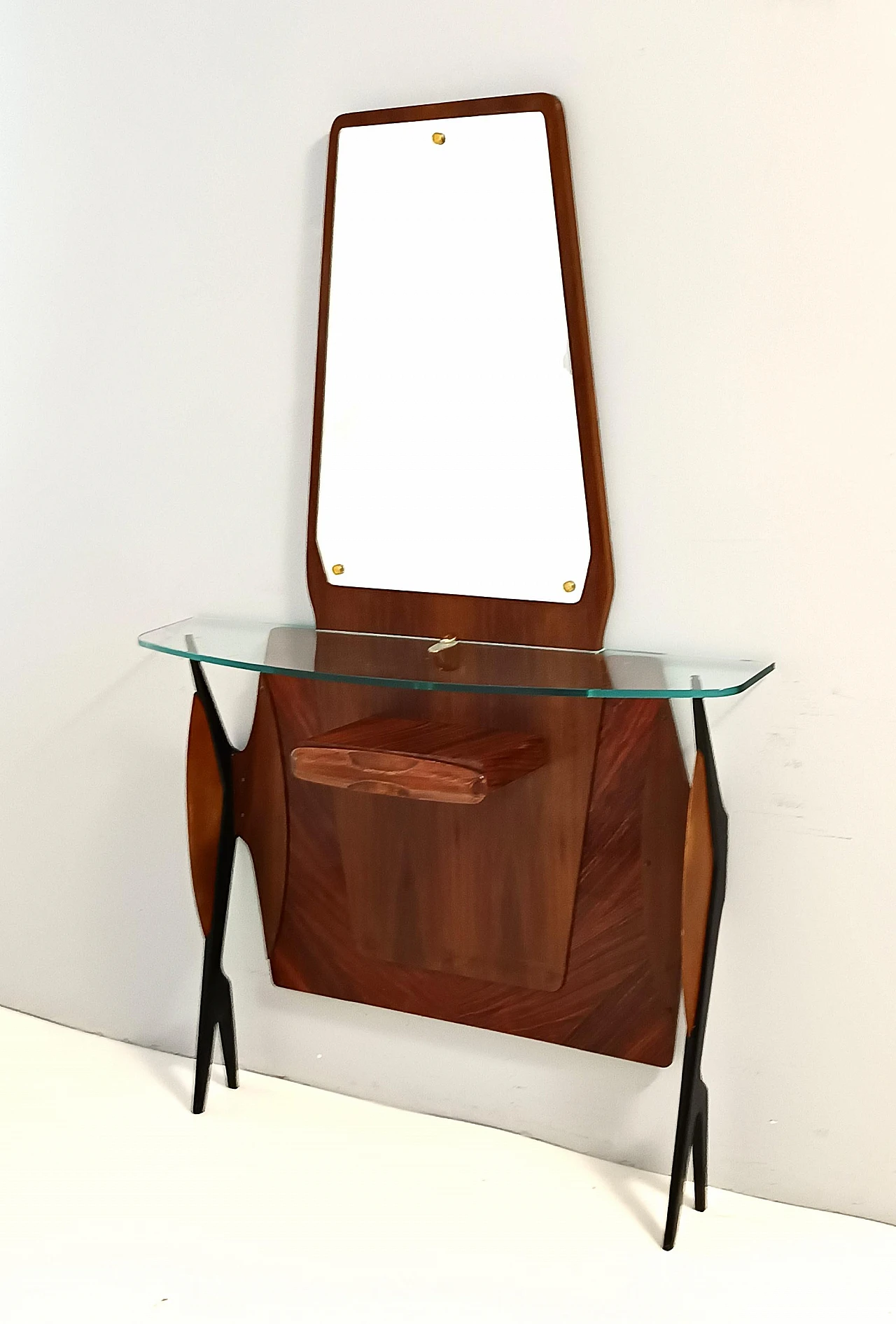 Consolle in faggio con specchio e mensola in vetro stile Ico Parisi 3