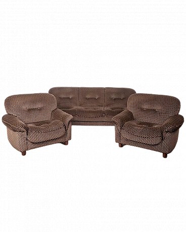 Padded living room in brown fabric with wooden feet, 1970s