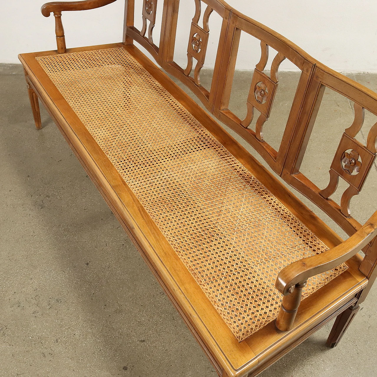 Neoclassical style wood, cane and fabric sofa 7