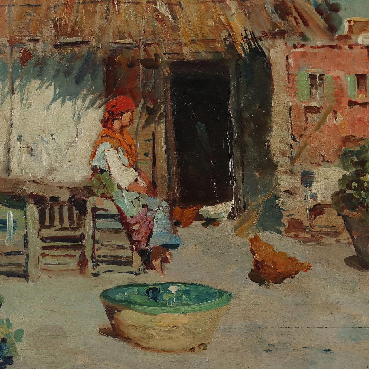 Luigi Bertolingrande, scorcio con pollaio, dipinto a olio su tavola 4