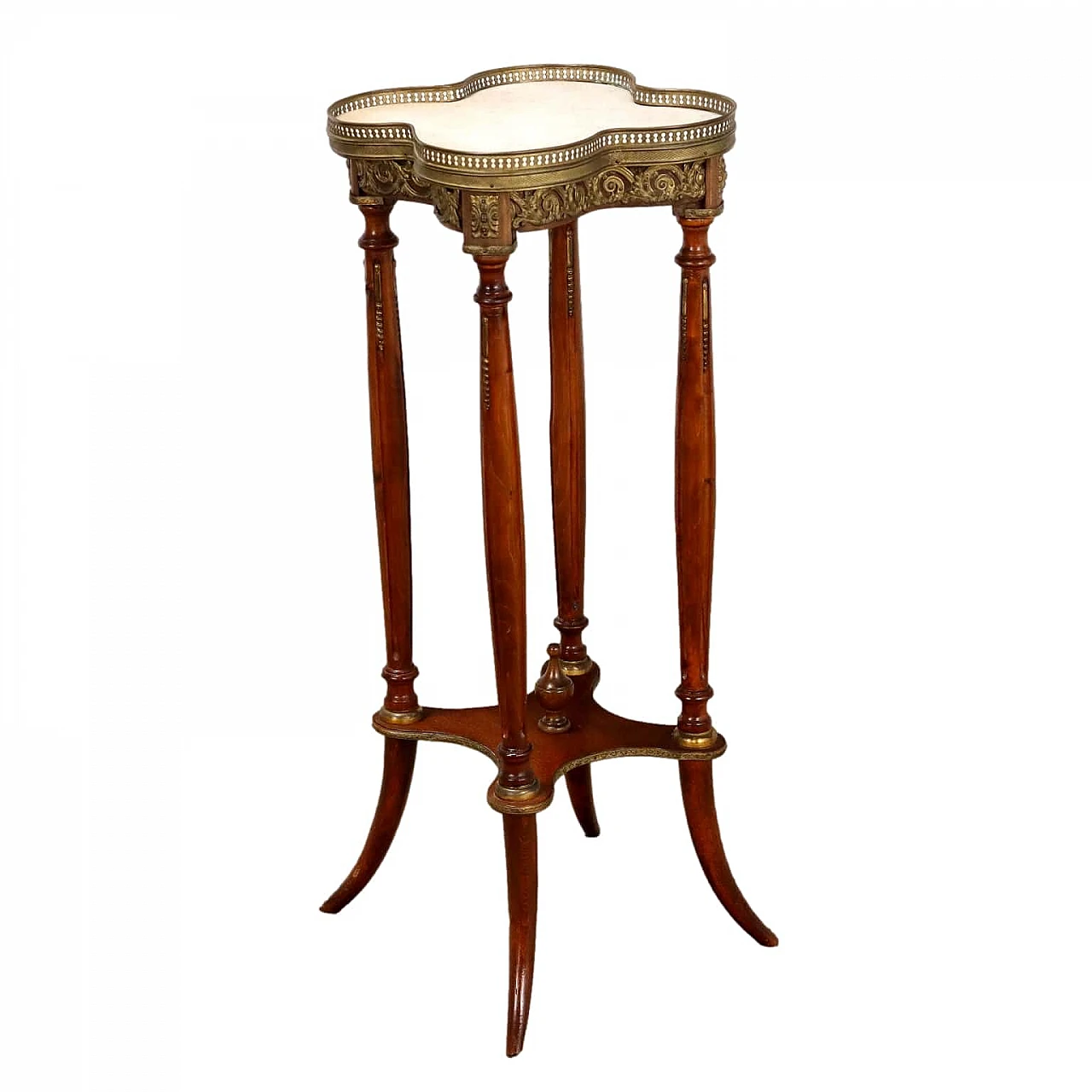 Wooden gueridon with saber feet, marble top & gilded sheet metal 1