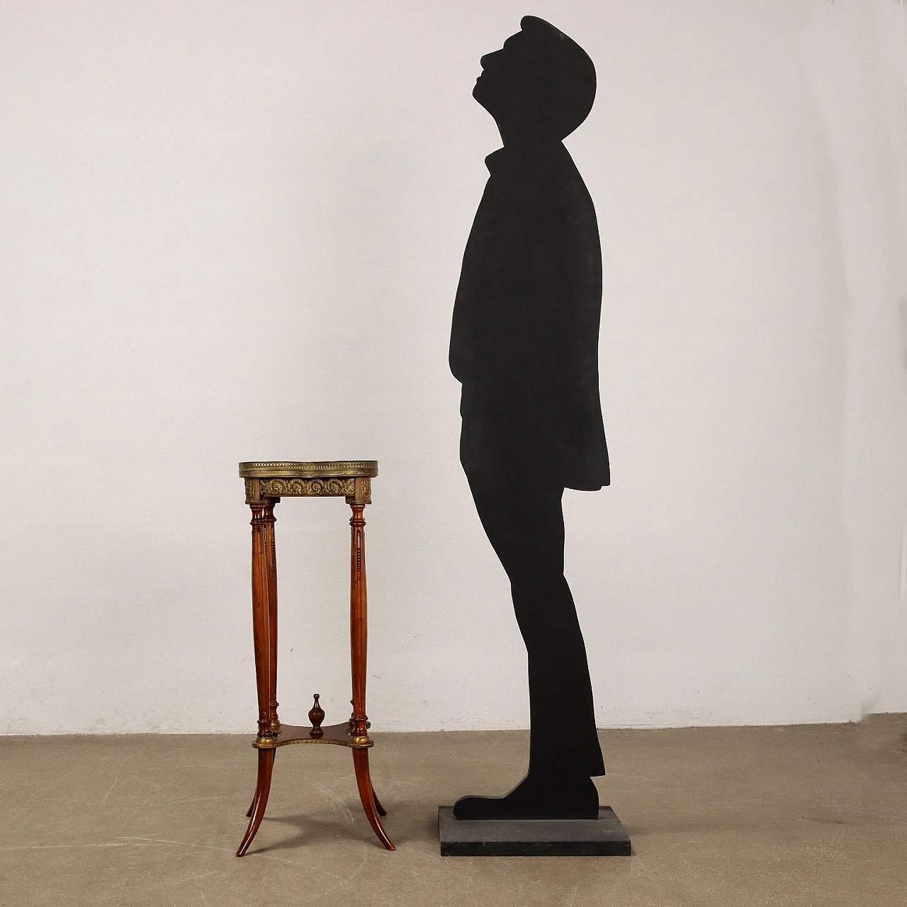 Wooden gueridon with saber feet, marble top & gilded sheet metal 2